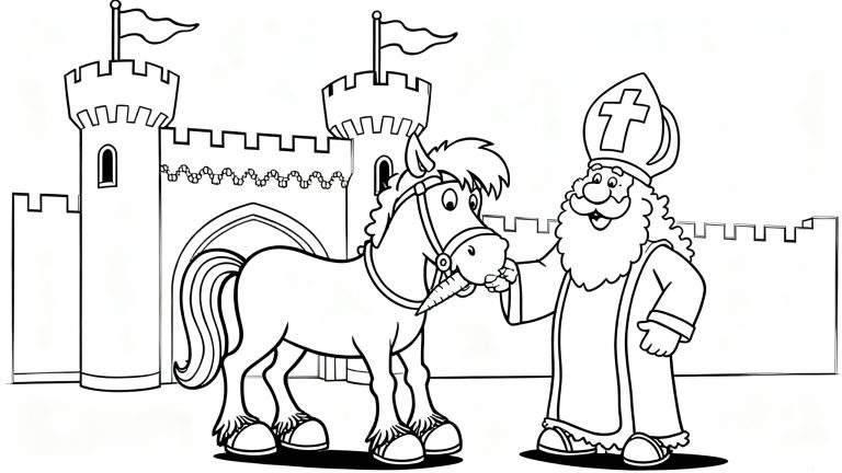 Zwart-wit kleurplaat van Sinterklaas in traditionele kledij die een wortel geeft aan zijn vriendelijke paard met bevederde hoeven, voor een kasteel met torens en vlaggen.