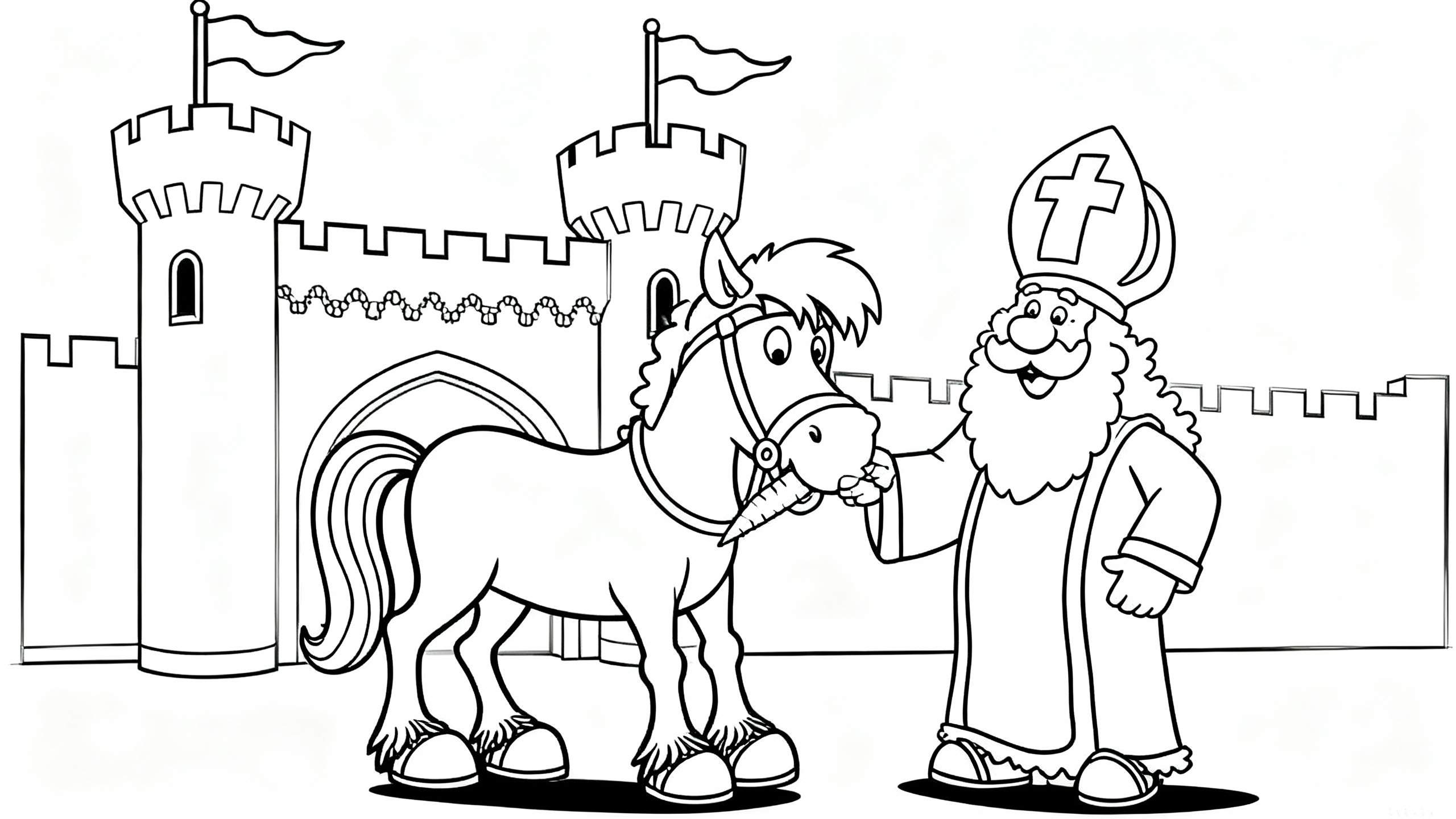 Zwart-wit kleurplaat van Sinterklaas in traditionele kledij die een wortel geeft aan zijn vriendelijke paard met bevederde hoeven, voor een kasteel met torens en vlaggen.