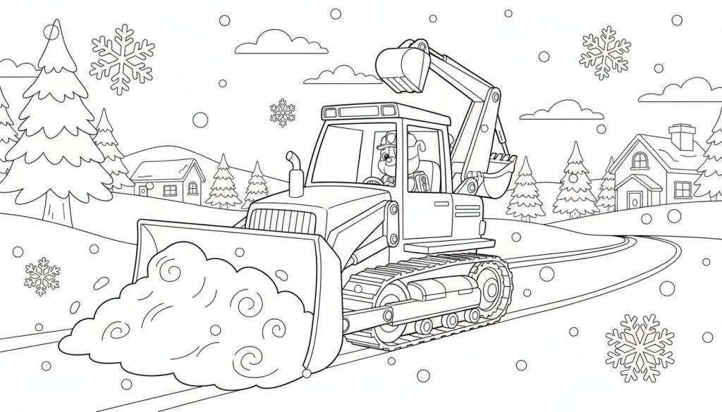 Zwart-wit kleurplaat van Rubble het hondje in een gecombineerde sneeuwschuiver-graafmachine in een besneeuwd winterlandschap met dennenbomen, huisjes en vallende sneeuwvlokken.