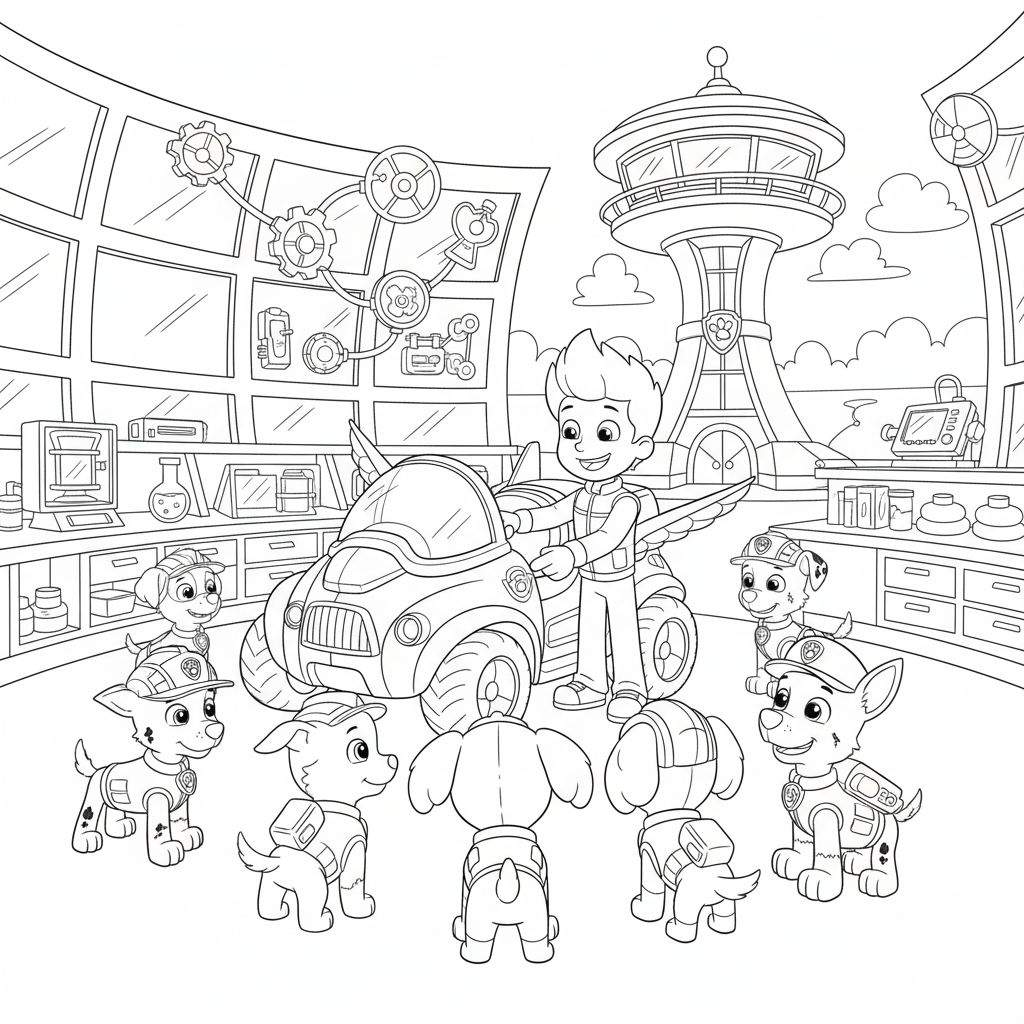 Kleurplaat van Paw Patrol met Ryder die een futuristisch vliegend voertuig presenteert aan de pups in een high-tech laboratorium met de Uitkijkpost op de achtergrond.