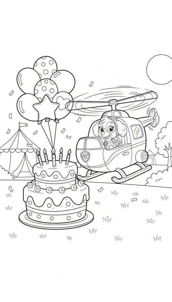 Kleurplaat van Paw Patrol hondje Skye lachend in haar helikopter met draaiende rotorbladen en het Paw Patrol embleem. Links staat een tweelaagse feesttaart met kaarsjes, erboven een bos ronde, ster- en hartvormige ballonnen. Confetti dwarrelt in de lucht. Op de achtergrond een feesttent, bomen en gras. Rechtsboven is een lege cirkel voor de zon of maan.
