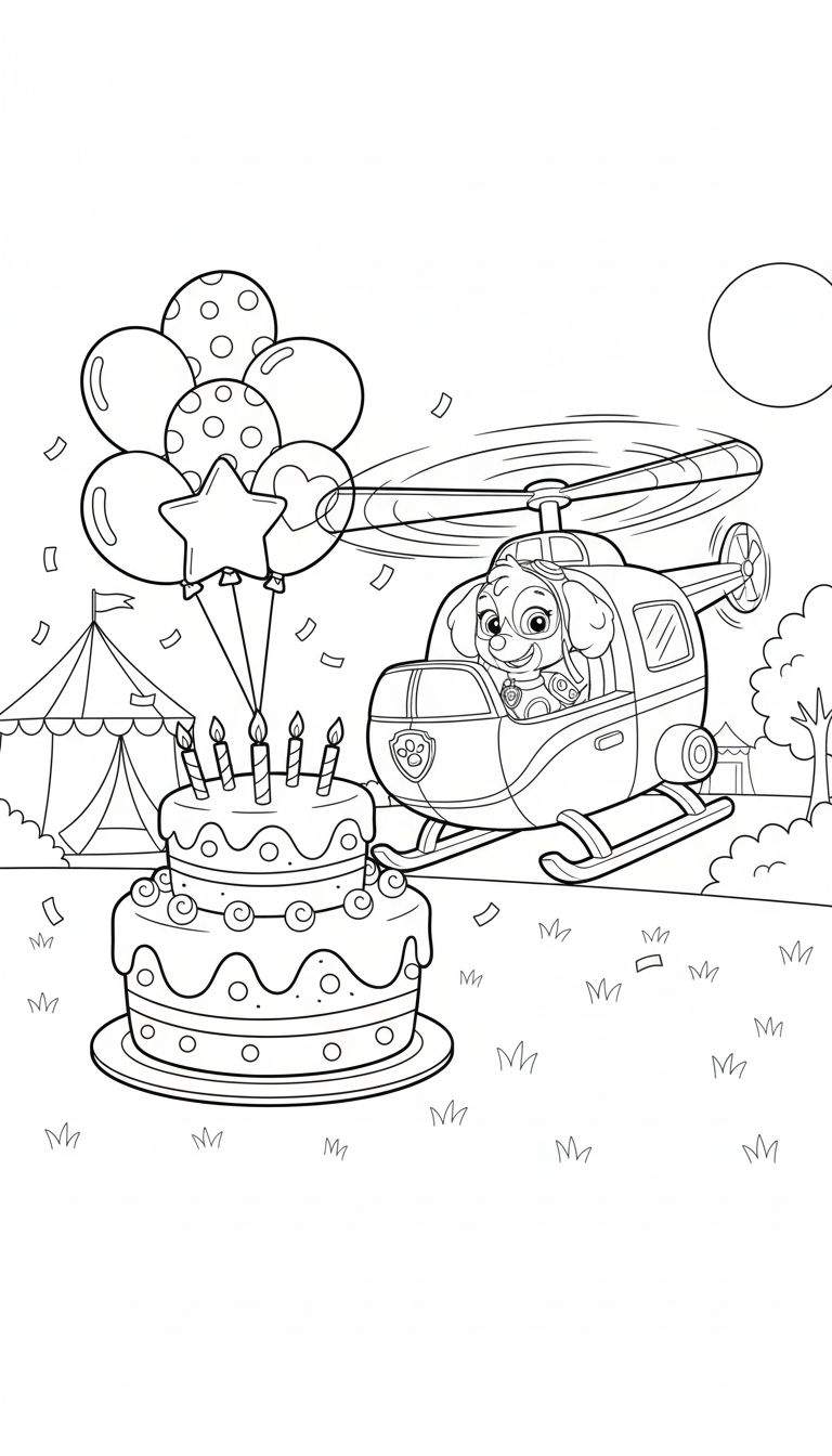 Kleurplaat van Paw Patrol hondje Skye lachend in haar helikopter met draaiende rotorbladen en het Paw Patrol embleem. Links staat een tweelaagse feesttaart met kaarsjes, erboven een bos ronde, ster- en hartvormige ballonnen. Confetti dwarrelt in de lucht. Op de achtergrond een feesttent, bomen en gras. Rechtsboven is een lege cirkel voor de zon of maan.