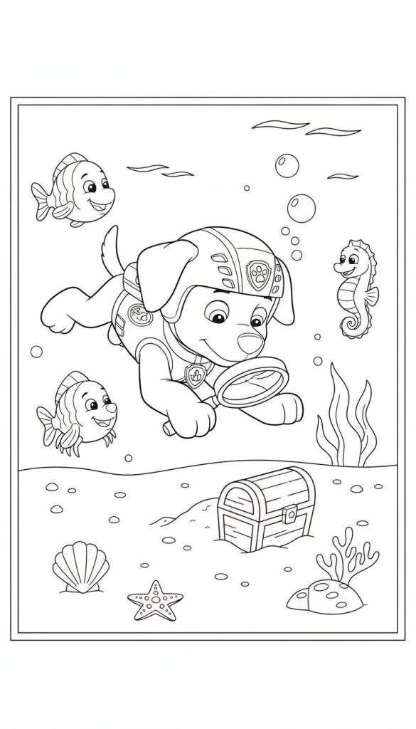 Zuma van Paw Patrol als duiker hond met vergrootglas, zoekend naar een schatkist op de zeebodem met vissen en zeepaardje in een onderwater kleurplaat.