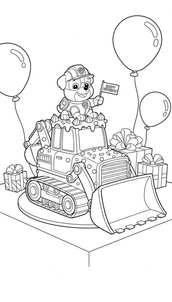 Kleurplaat: Vrolijke Rubble van Paw Patrol op graafmachine-verjaardagstaart, omringd door ballonnen en cadeautjes.