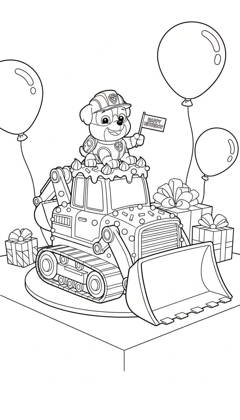 Kleurplaat: Vrolijke Rubble van Paw Patrol op graafmachine-verjaardagstaart, omringd door ballonnen en cadeautjes.