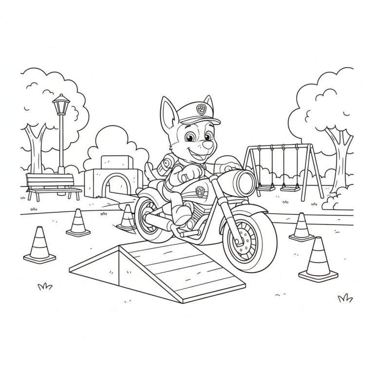 Zwart-wit kleurplaat van politiehond Chase van Paw Patrol op zijn motorfiets, rijdend op een houten schans, omringd door verkeerskegels. Op de achtergrond is een speeltuin te zien met bomen, een bankje, lantaarnpaal, en een schommel.