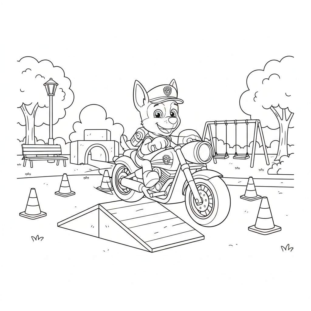 Zwart-wit kleurplaat van politiehond Chase van Paw Patrol op zijn motorfiets, rijdend op een houten schans, omringd door verkeerskegels. Op de achtergrond is een speeltuin te zien met bomen, een bankje, lantaarnpaal, en een schommel.