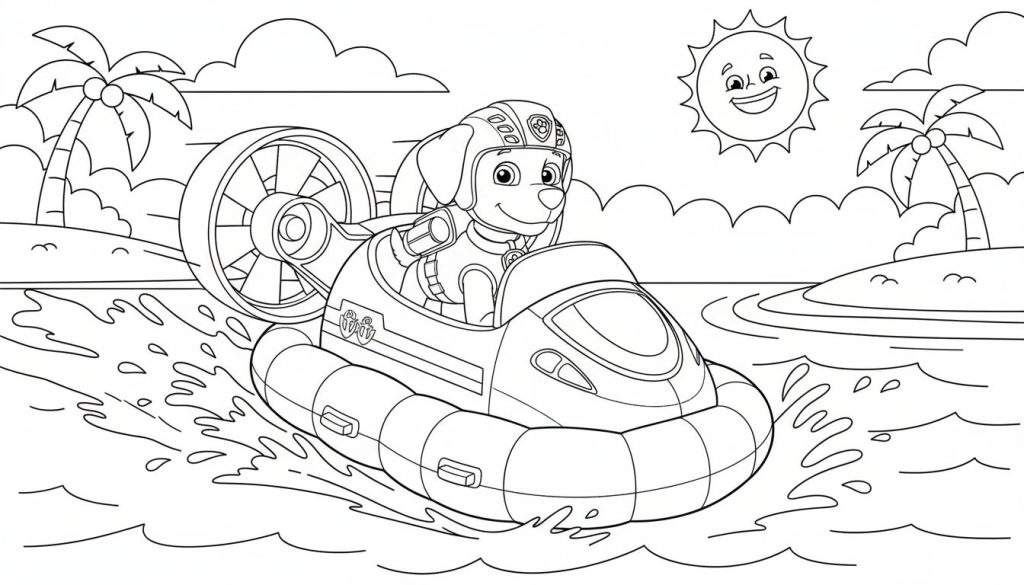 Zuma van Paw Patrol in zijn hovercraft op tropisch water, met lachende zon en palmbomen, zwart-wit kleurplaat.