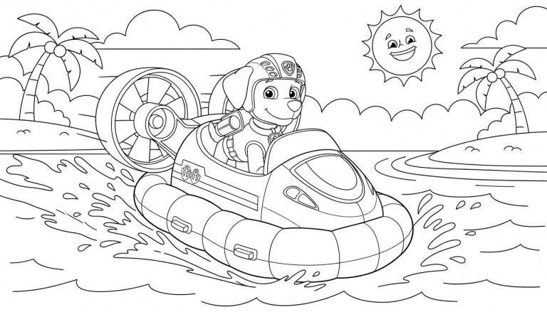 Zuma van Paw Patrol in zijn hovercraft op tropisch water, met lachende zon en palmbomen, zwart-wit kleurplaat.