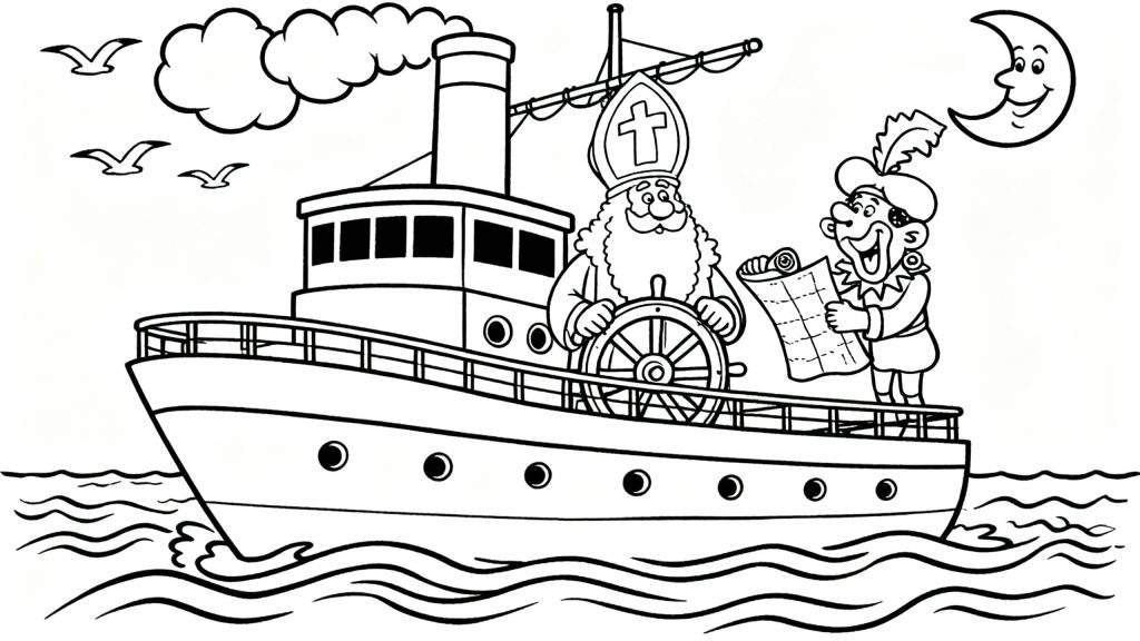 Zwart-wit kleurplaat van Sinterklaas en Zwarte Piet op een stoomboot. Sinterklaas staat aan het roer, Zwarte Piet houdt een lijst vast. De boot vaart op golvend water onder wolken, vogels en een lachende maansikkel.