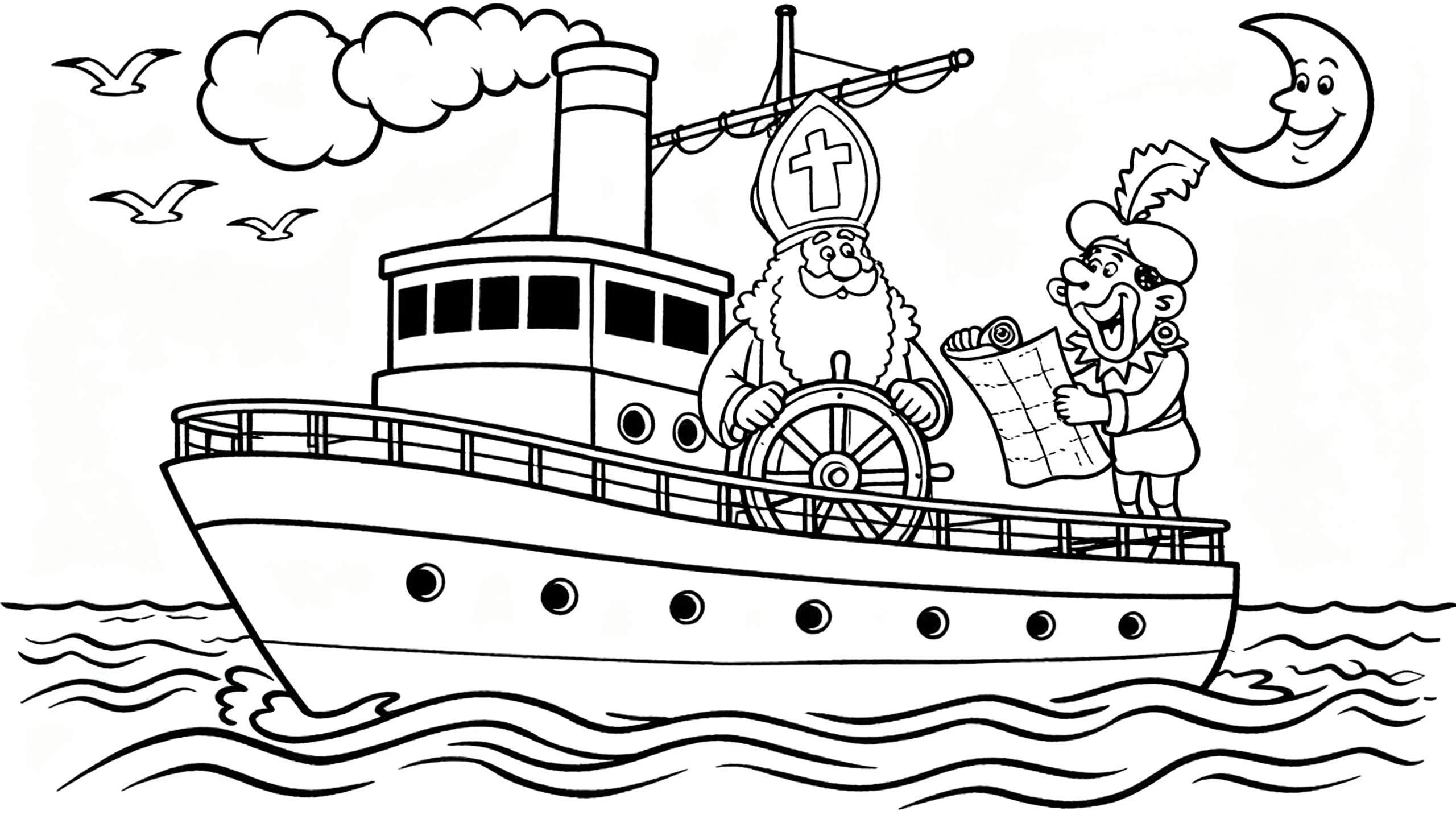 Zwart-wit kleurplaat van Sinterklaas en Zwarte Piet op een stoomboot. Sinterklaas staat aan het roer, Zwarte Piet houdt een lijst vast. De boot vaart op golvend water onder wolken, vogels en een lachende maansikkel.
