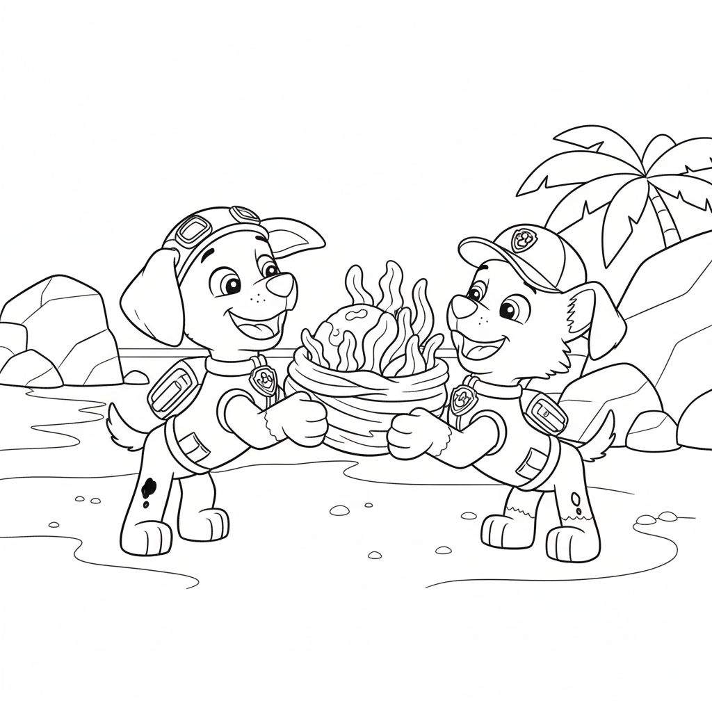 Kleurplaat van Paw Patrol pups Rubble en Marshall op een strand, die samen een mand met een mysterieus warm object vasthouden, met rotsen en palmboom op de achtergrond. Zuma-thema.