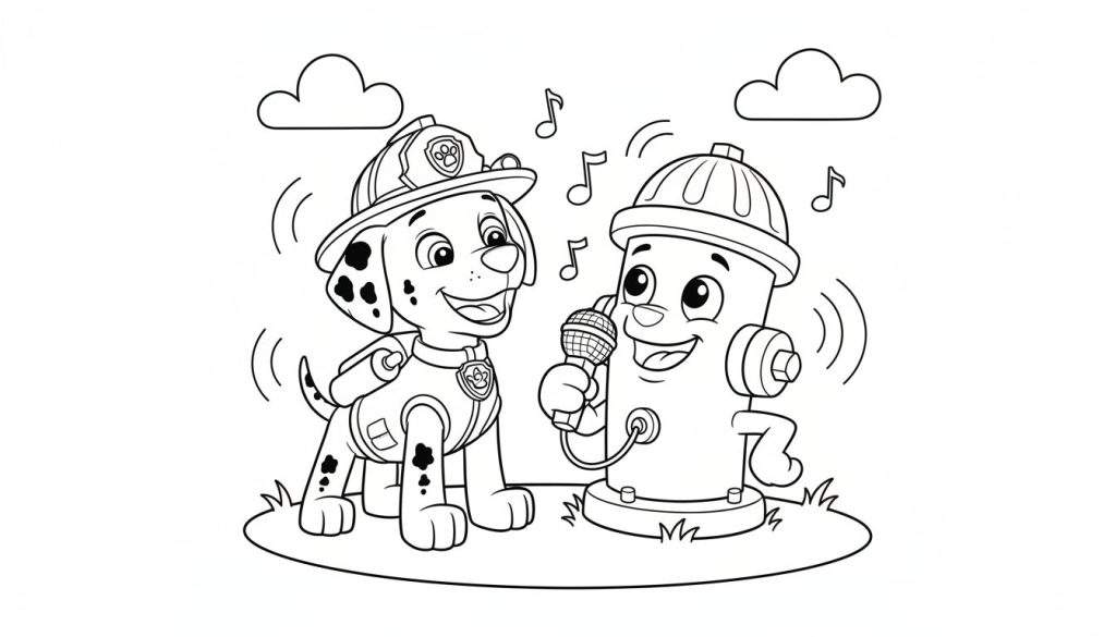 Zwart-wit kleurplaat van een vrolijke dalmatiër brandweerhond (lijkt op Marshall) met helm en uniform, die naar een zingende brandkraan met microfoon kijkt. Muzieknoten, wolken en gras zijn zichtbaar.