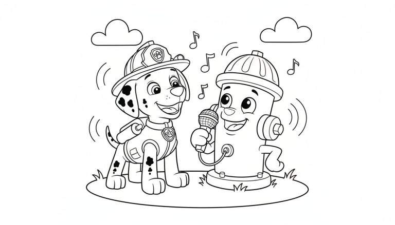 Zwart-wit kleurplaat van een vrolijke dalmatiër brandweerhond (lijkt op Marshall) met helm en uniform, die naar een zingende brandkraan met microfoon kijkt. Muzieknoten, wolken en gras zijn zichtbaar.