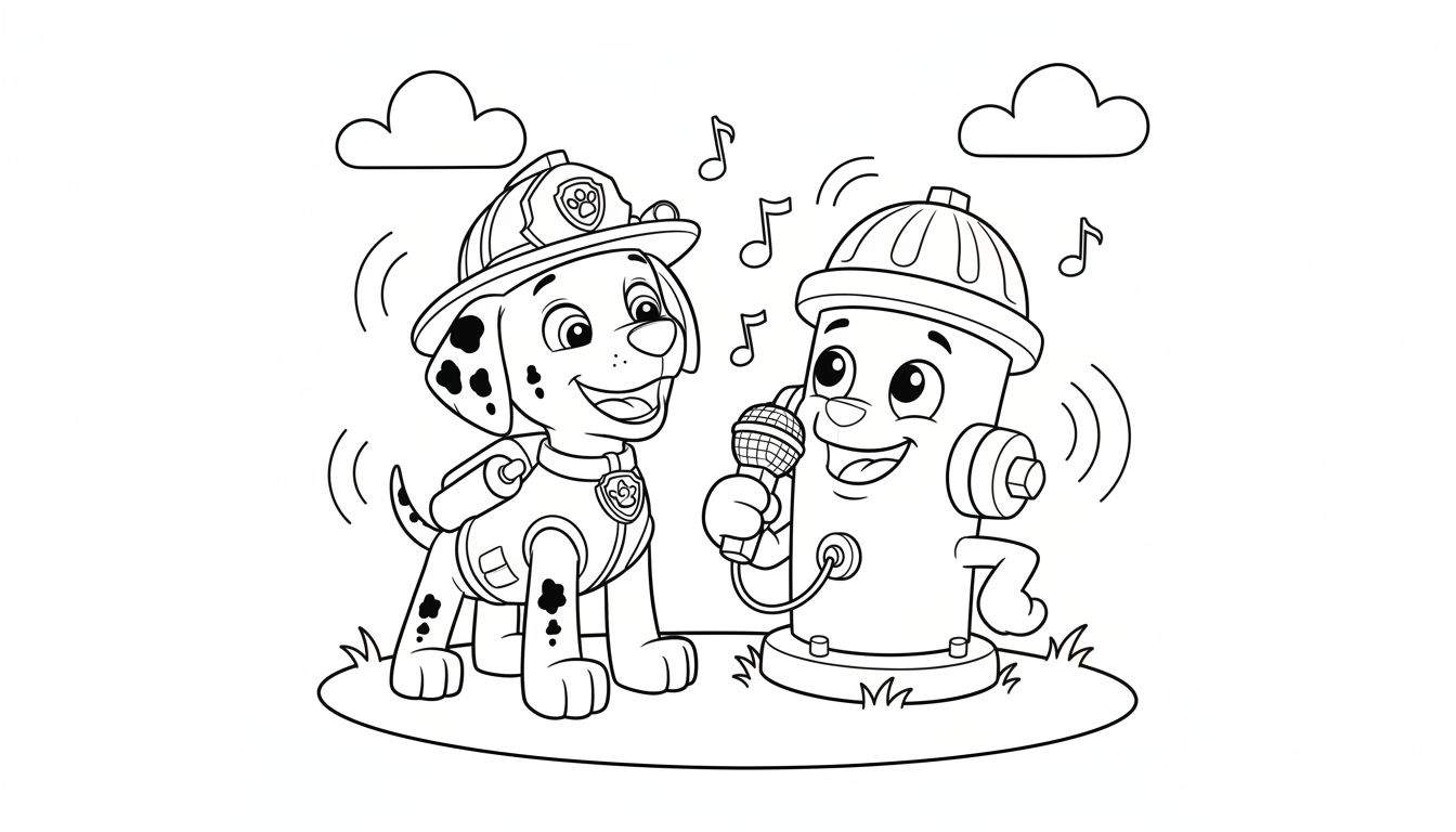 Zwart-wit kleurplaat van een vrolijke dalmatiër brandweerhond (lijkt op Marshall) met helm en uniform, die naar een zingende brandkraan met microfoon kijkt. Muzieknoten, wolken en gras zijn zichtbaar.