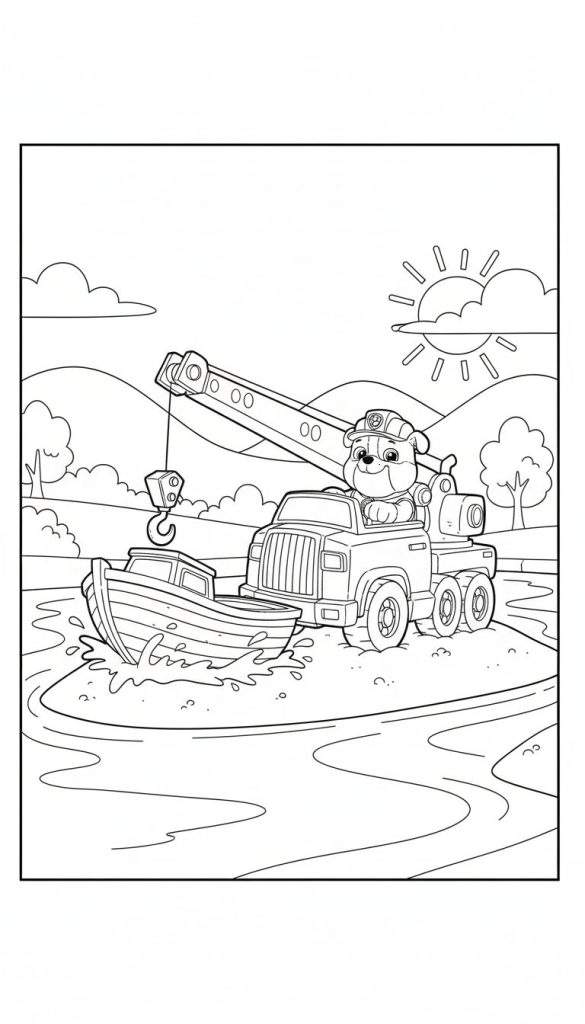 Kleurplaat van Rubble van Paw Patrol in zijn kraanwagen, bezig met het hijsen van een boot uit het water, met opspattend water, bomen, heuvels, wolken en een zon op de achtergrond.