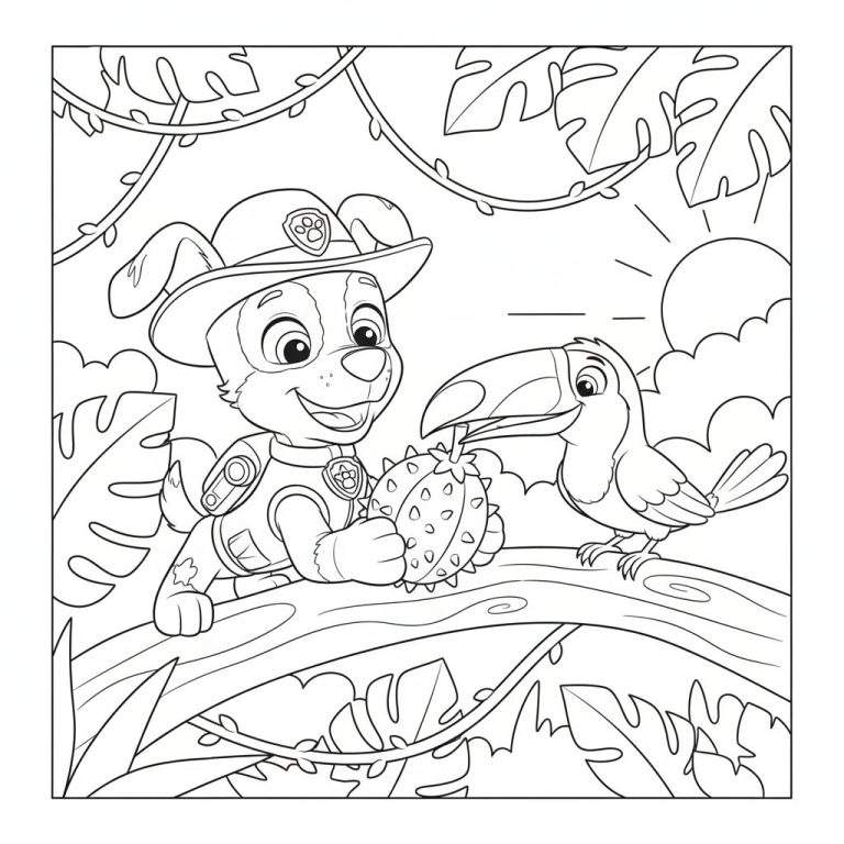 Kleurplaat van Paw Patrol's Tracker in de jungle, lachend met een exotische, stekelige vrucht, terwijl een toekan nieuwsgierig toekijkt vanaf een tak. De zon schijnt door tropische bladeren.