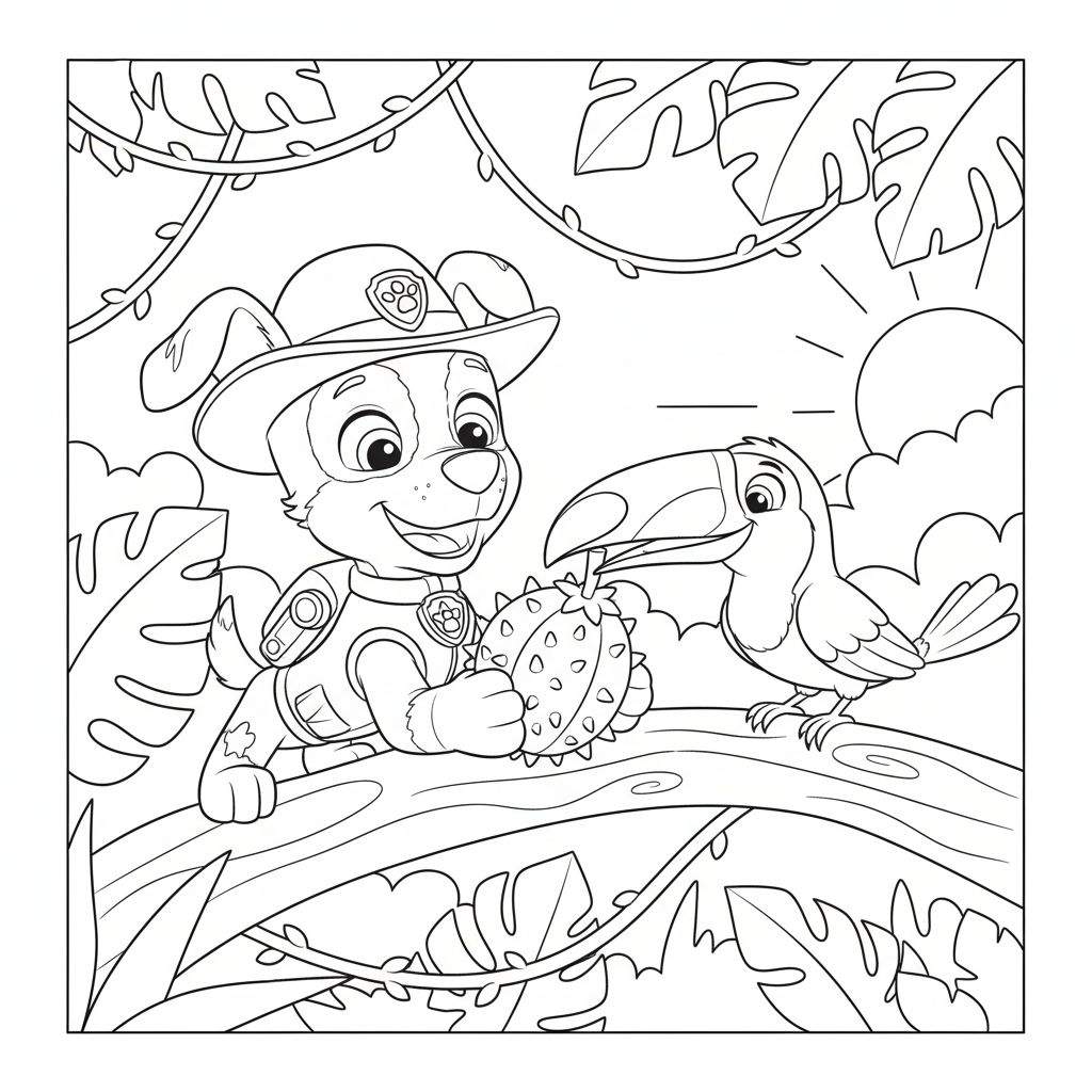 Kleurplaat van Paw Patrol's Tracker in de jungle, lachend met een exotische, stekelige vrucht, terwijl een toekan nieuwsgierig toekijkt vanaf een tak. De zon schijnt door tropische bladeren.