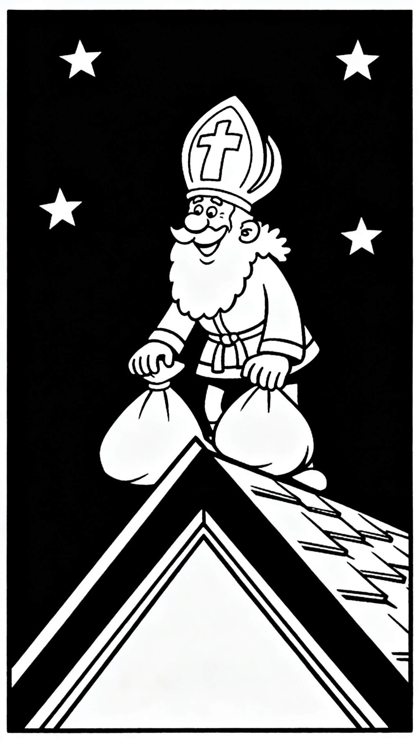 Zwart-witte kleurplaat van Sinterklaas op een dak met twee volle cadeautjeszakken, tegen een zwarte nachthemel met sterren, in cartoonstijl.