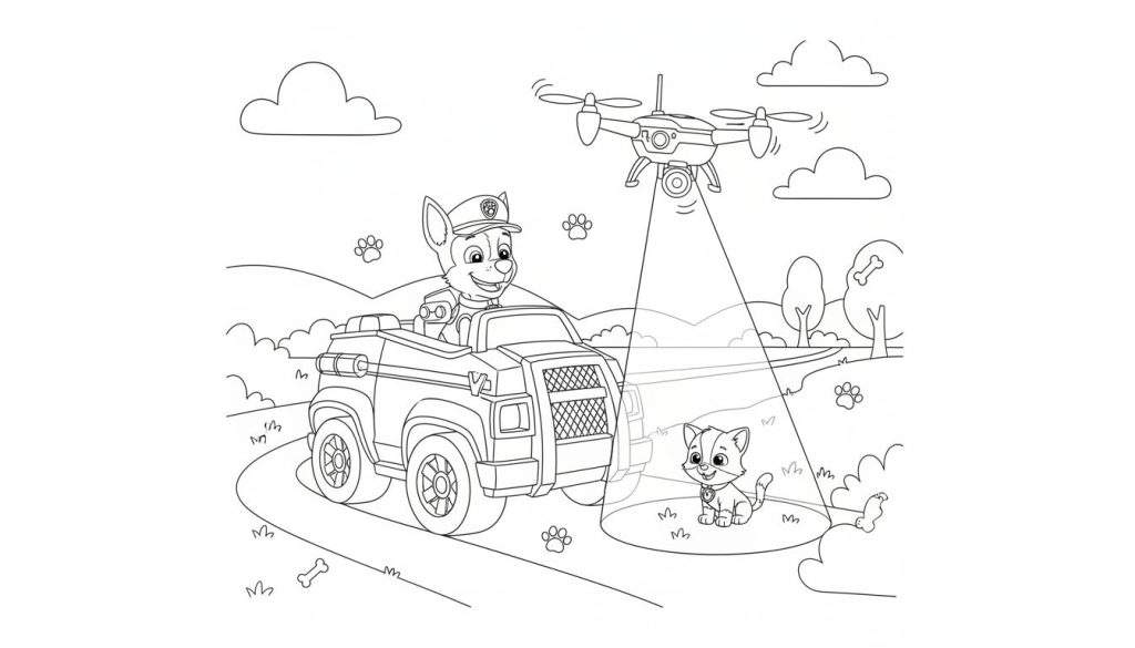 Zwart-wit Paw Patrol kleurplaat van Chase de politiehond in zijn wagen, met een drone die een lachende kat verlicht in een buitenomgeving met heuvels en bomen.
