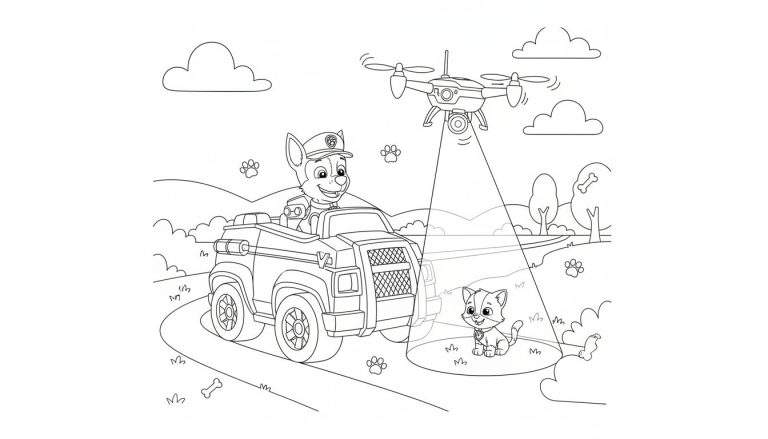 Zwart-wit Paw Patrol kleurplaat van Chase de politiehond in zijn wagen, met een drone die een lachende kat verlicht in een buitenomgeving met heuvels en bomen.
