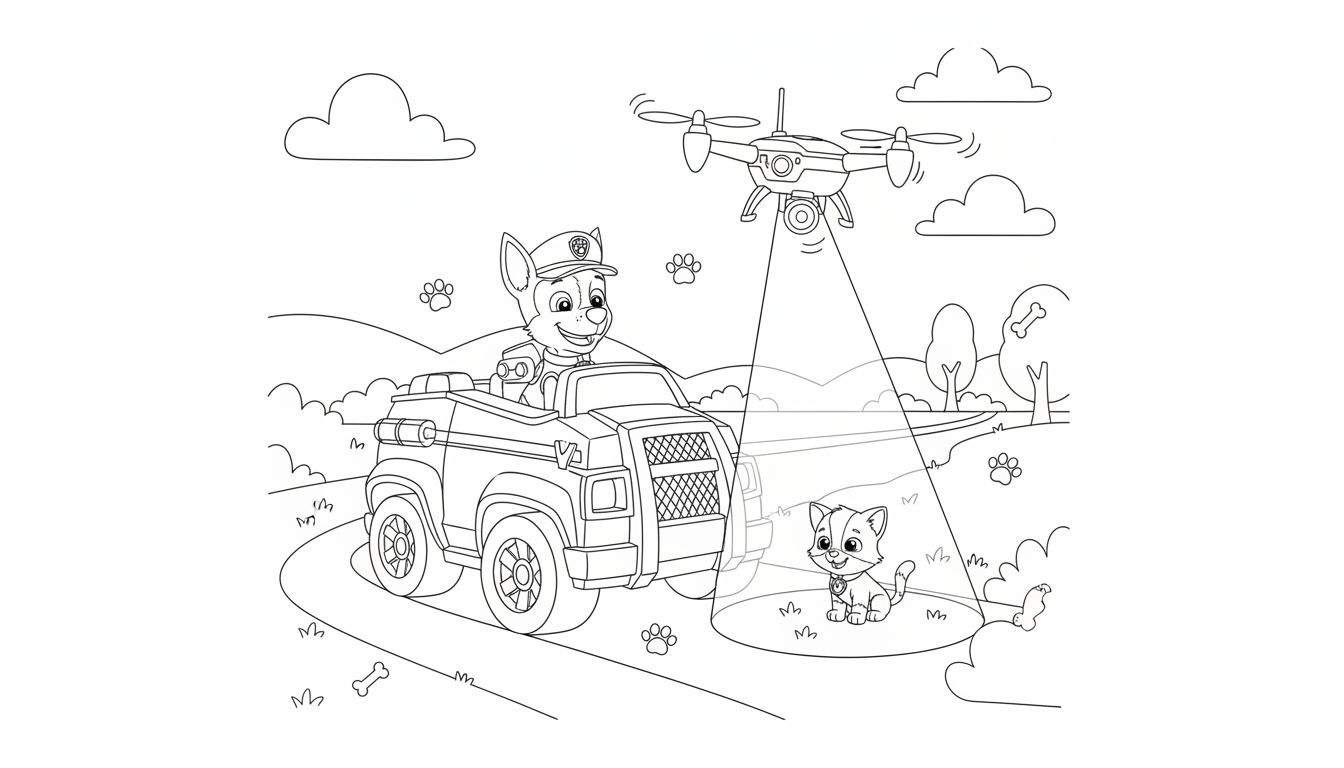 Zwart-wit Paw Patrol kleurplaat van Chase de politiehond in zijn wagen, met een drone die een lachende kat verlicht in een buitenomgeving met heuvels en bomen.