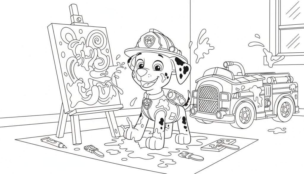 Zwart-wit kleurplaat van Marshall uit Paw Patrol als een blije, met verf besmeurde kunstenaar in een rommelige studio. Hij draagt zijn brandweerhelm en uitrusting, lacht en staat in een plas verf. Rondom liggen verfspullen, een schildersdoek en op de achtergrond zijn besmeurde brandweerwagen.