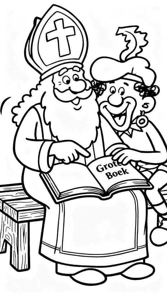 Kleurplaat van Sinterklaas en Zwarte Piet zittend op een bankje, waarbij Sinterklaas met zijn vinger wijst in het 'Grote Boek'.
