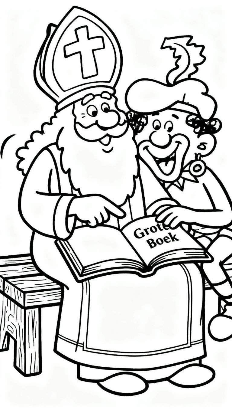 Kleurplaat van Sinterklaas en Zwarte Piet zittend op een bankje, waarbij Sinterklaas met zijn vinger wijst in het 'Grote Boek'.