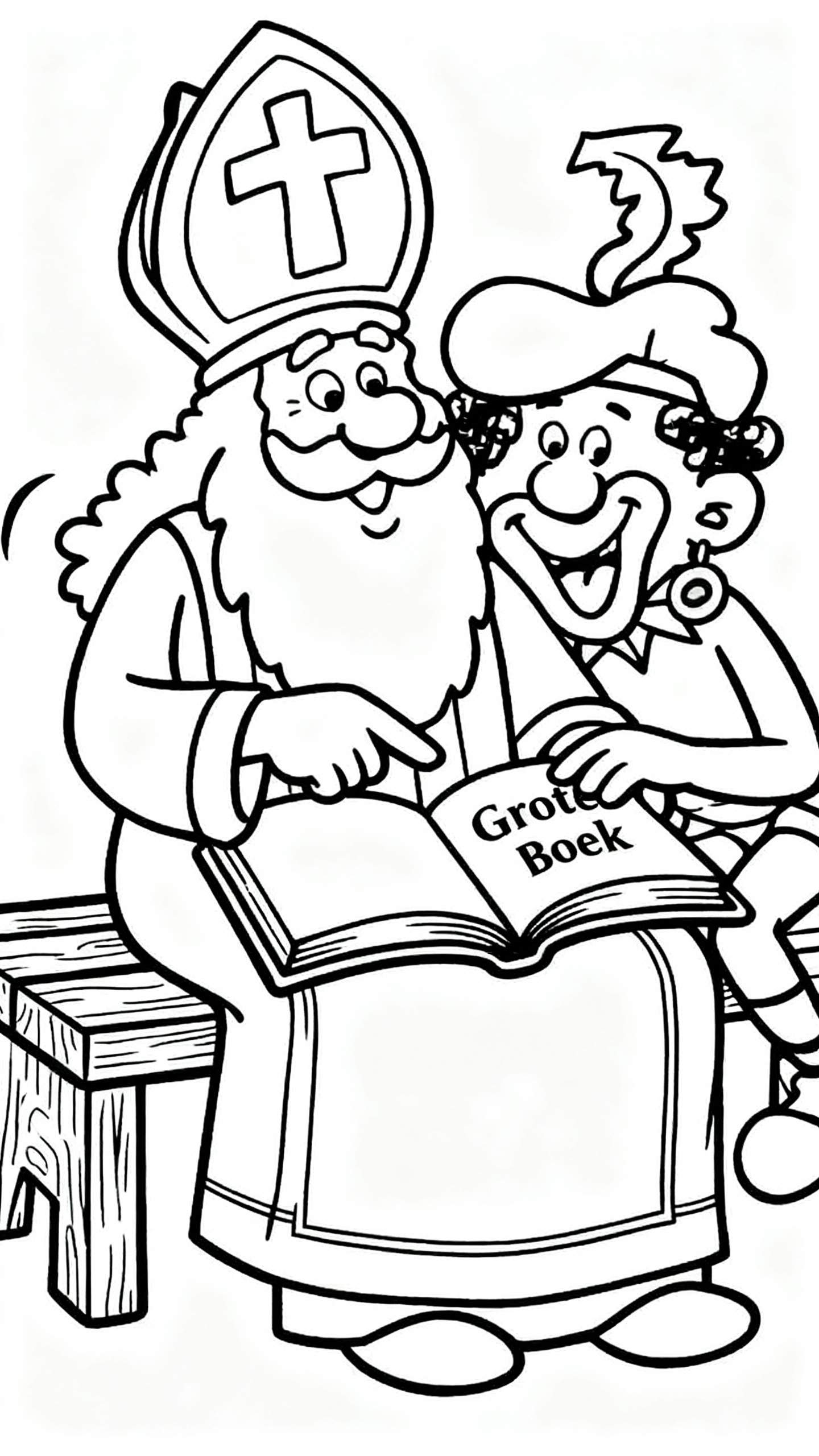 Kleurplaat van Sinterklaas en Zwarte Piet zittend op een bankje, waarbij Sinterklaas met zijn vinger wijst in het 'Grote Boek'.