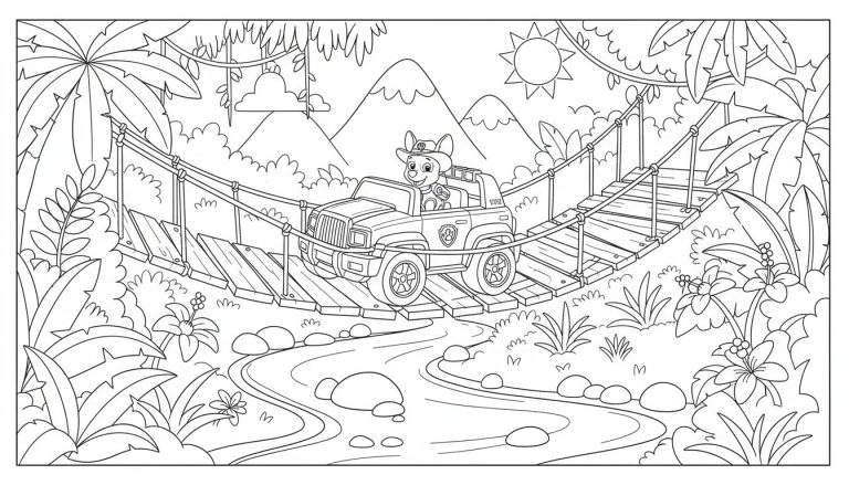 Zwart-wit kleurplaat van Paw Patrol's Tracker in een jeep rijdend over een houten hangbrug in een tropische jungle met een rivier eronder, bergen op de achtergrond en een stralende zon.