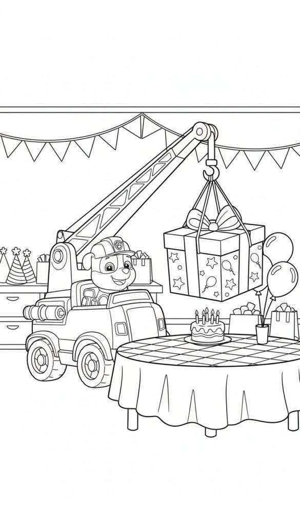 Kleurplaat van Rubble van Paw Patrol in zijn kraanwagen die een verjaardagscadeau hijst, met een feesttafel vol taart en cadeaus op de voorgrond.