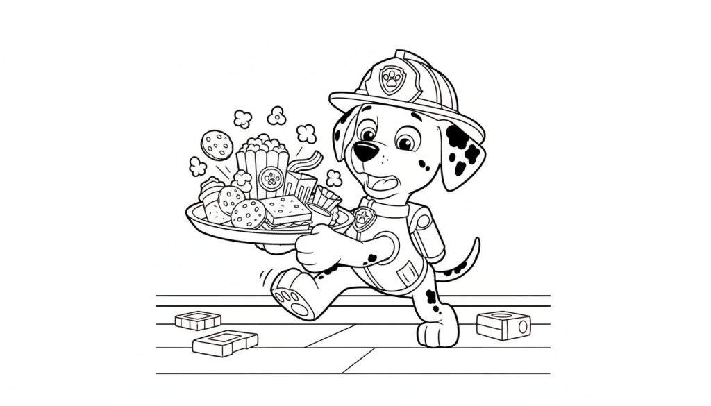 Kleurplaat van Marshall van Paw Patrol, brandweerhond, met helm, die verbaasd rent en een dienblad vol vliegende snacks (popcorn, koekjes, sandwich) vasthoudt.