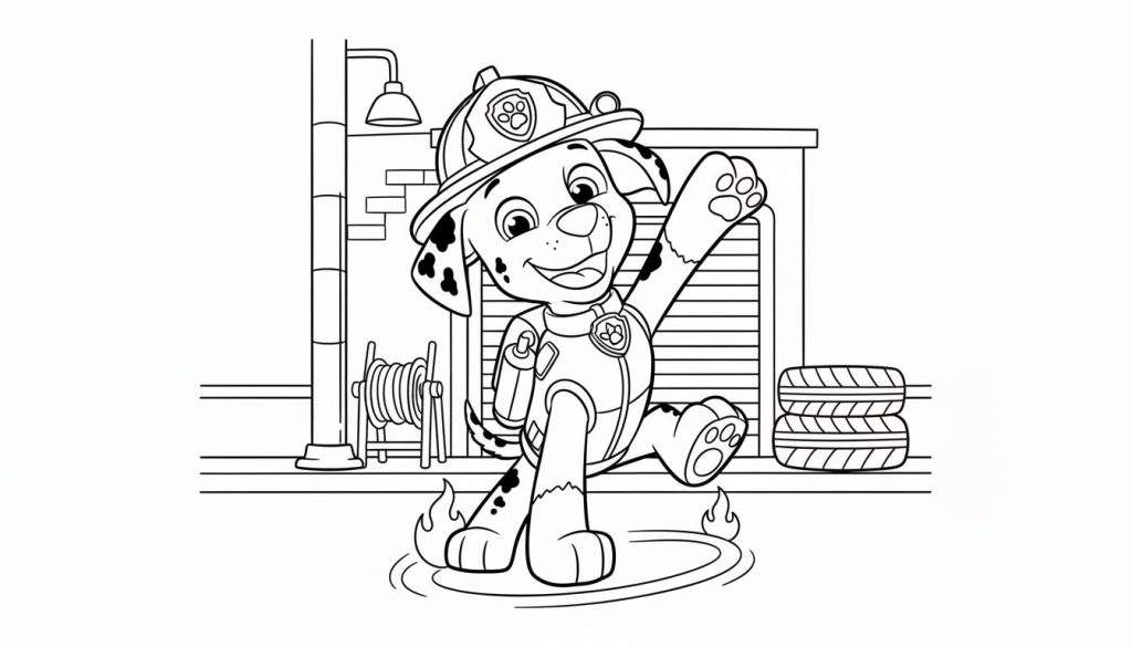 Kleurplaat van Marshall Paw Patrol, een vrolijke Dalmatiër brandweerpuppy die lachend een brandje blust met een brandblusser voor een brandweerkazerne.