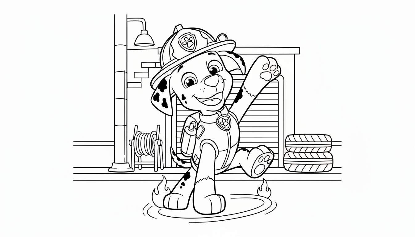 Kleurplaat van Marshall Paw Patrol, een vrolijke Dalmatiër brandweerpuppy die lachend een brandje blust met een brandblusser voor een brandweerkazerne.