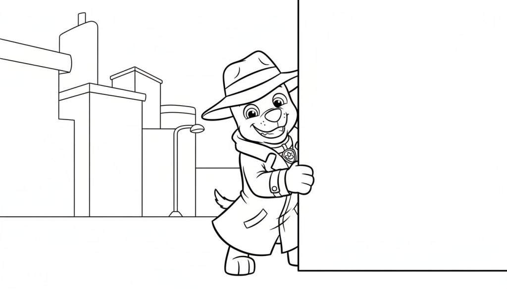 Kleurplaat: Vrolijke cartoonhond Chase als detective, met fedora en trenchcoat, glurend vanachter een leeg wit rechthoek. Op de achtergrond een vereenvoudigd stadsgezicht met gebouwen en een straatlantaarn.