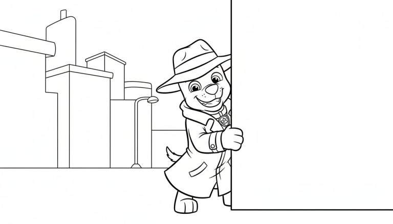 Kleurplaat: Vrolijke cartoonhond Chase als detective, met fedora en trenchcoat, glurend vanachter een leeg wit rechthoek. Op de achtergrond een vereenvoudigd stadsgezicht met gebouwen en een straatlantaarn.