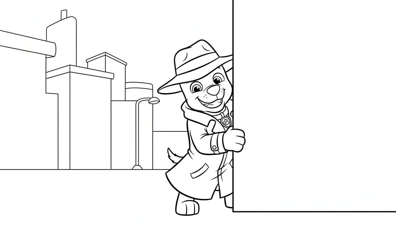 Kleurplaat: Vrolijke cartoonhond Chase als detective, met fedora en trenchcoat, glurend vanachter een leeg wit rechthoek. Op de achtergrond een vereenvoudigd stadsgezicht met gebouwen en een straatlantaarn.
