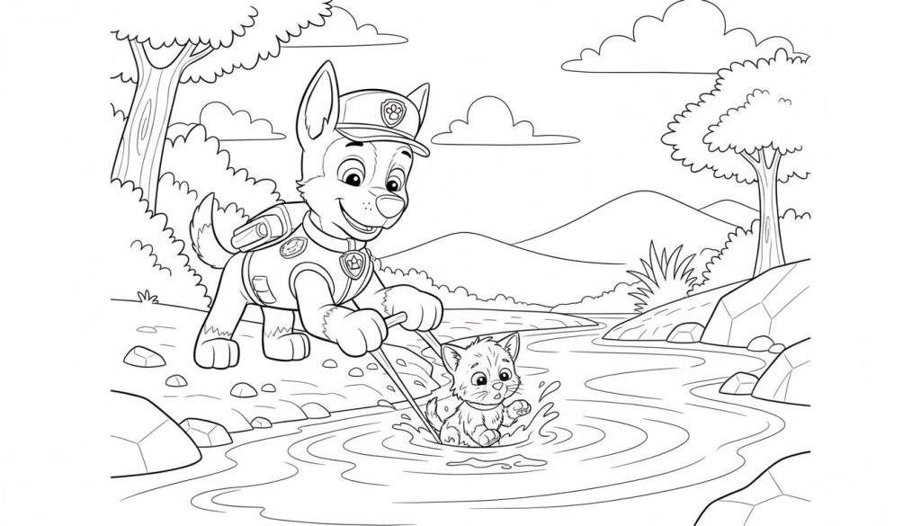 Zwart-witte kleurplaat van Chase van Paw Patrol in politie-uniform die een kitten uit een rivier redt met een stok, omringd door bomen, rotsen en bergen.