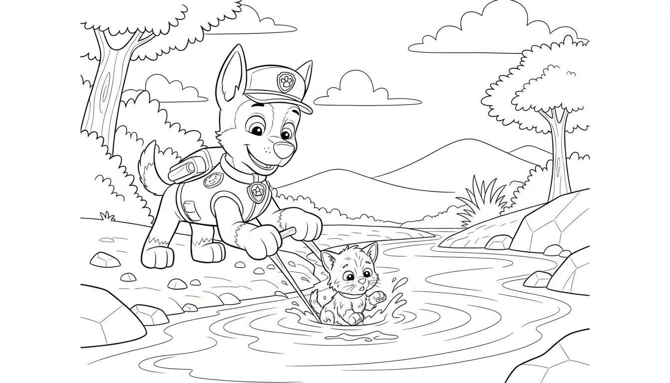 Zwart-witte kleurplaat van Chase van Paw Patrol in politie-uniform die een kitten uit een rivier redt met een stok, omringd door bomen, rotsen en bergen.