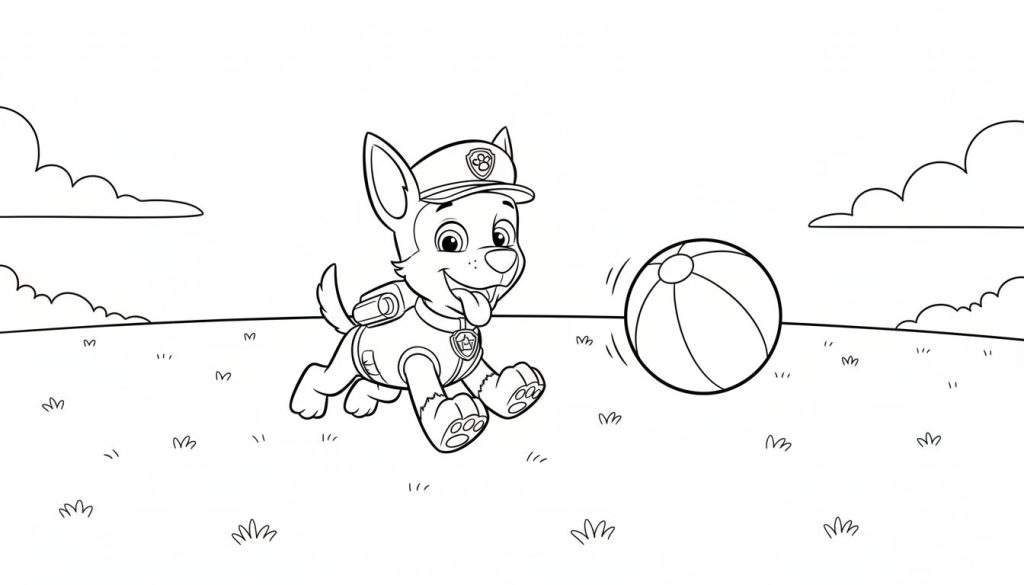 Zwart-witte kleurplaat van Chase van Paw Patrol in politie-uniform, vrolijk rennend of springend achter een gestreepte strandbal aan op een grasveld met wolken.