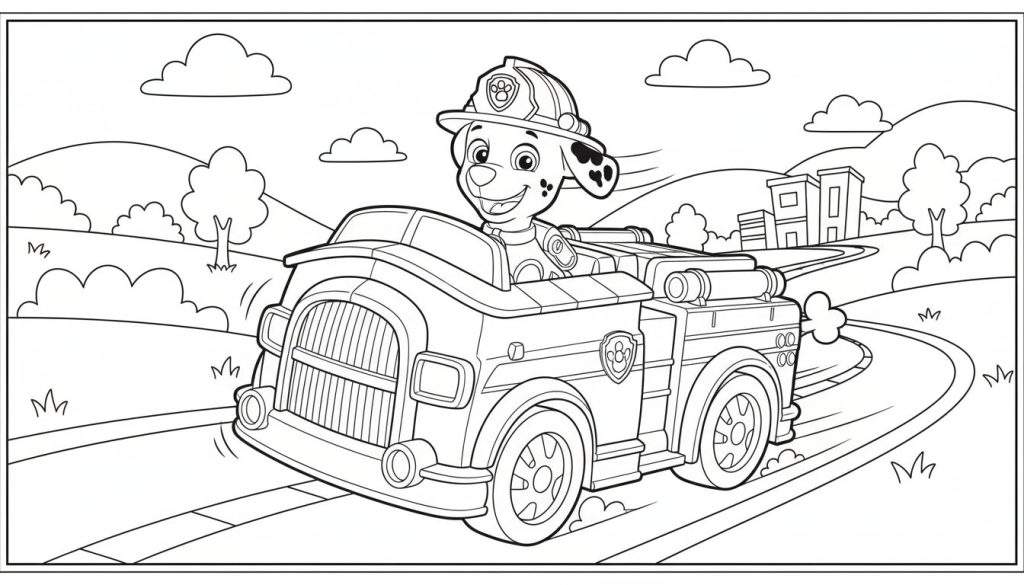 Zwart-wit kleurplaat van Marshall uit Paw Patrol in zijn brandweerwagen, rijdend op een bochtige weg met heuvels, gebouwen en wolken op de achtergrond.