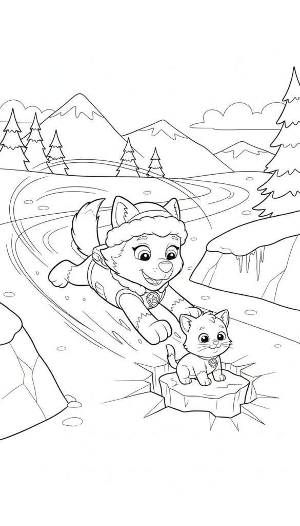 Zwart-wit kleurplaat van Paw Patrol's Everest die op haar buik over ijs glijdt, vrolijk kijkend naar een klein katje dat op een drijvende ijsschots zit, in een winters berglandschap met dennenbomen en ijspegels.