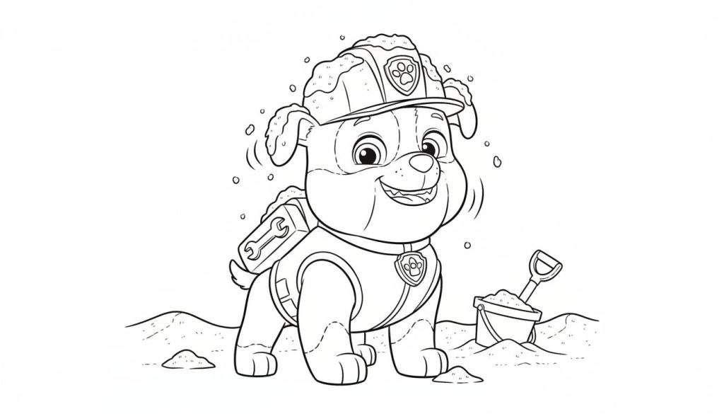 Kleurplaat van Rubble van Paw Patrol, een lachende bulldog puppy met gele bouwhelm, halsband, en een moersleutel op zijn rug, staand op zandgrond met een zandemmer en schep op de achtergrond.