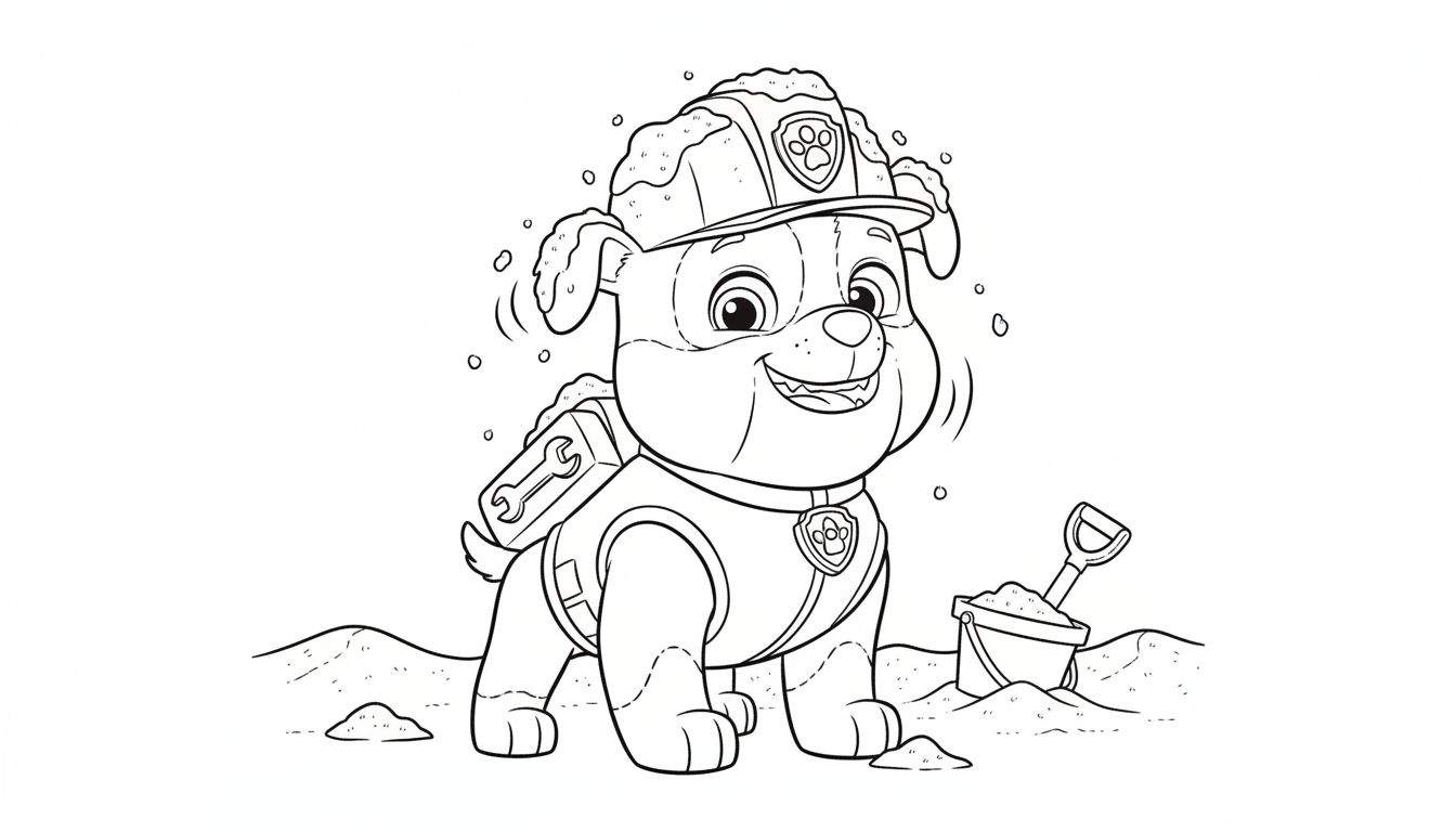 Kleurplaat van Rubble van Paw Patrol, een lachende bulldog puppy met gele bouwhelm, halsband, en een moersleutel op zijn rug, staand op zandgrond met een zandemmer en schep op de achtergrond.