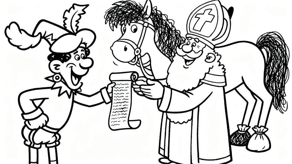 Zwart-wit kleurplaat van een vrolijke Piet die een opgerolde lijst aan een lachende Sinterklaas overhandigt, met paard Amerigo aandachtig toekijkend en twee cadeautasjes op de grond.