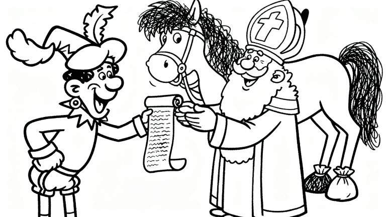 Zwart-wit kleurplaat van een vrolijke Piet die een opgerolde lijst aan een lachende Sinterklaas overhandigt, met paard Amerigo aandachtig toekijkend en twee cadeautasjes op de grond.