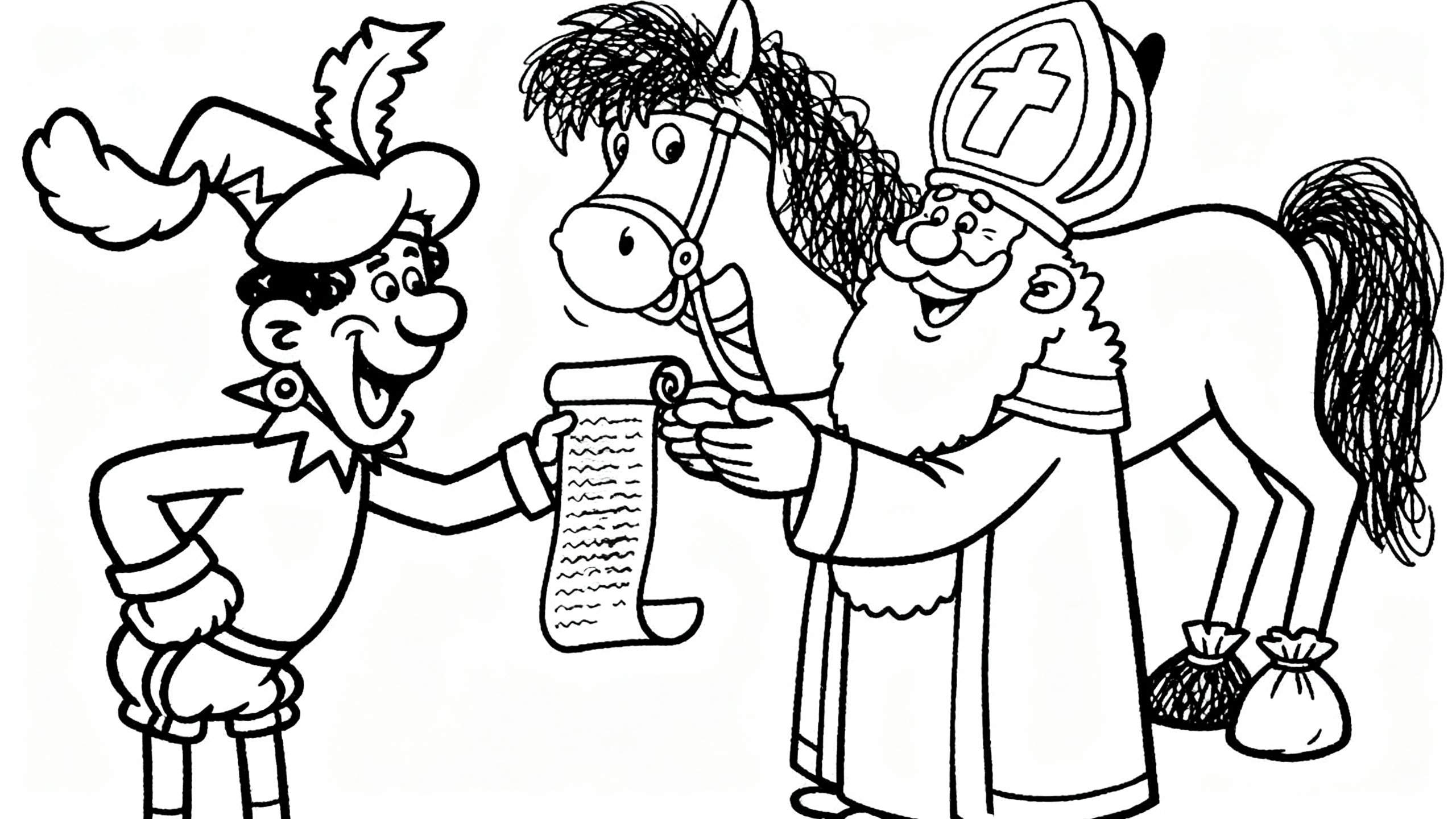 Zwart-wit kleurplaat van een vrolijke Piet die een opgerolde lijst aan een lachende Sinterklaas overhandigt, met paard Amerigo aandachtig toekijkend en twee cadeautasjes op de grond.
