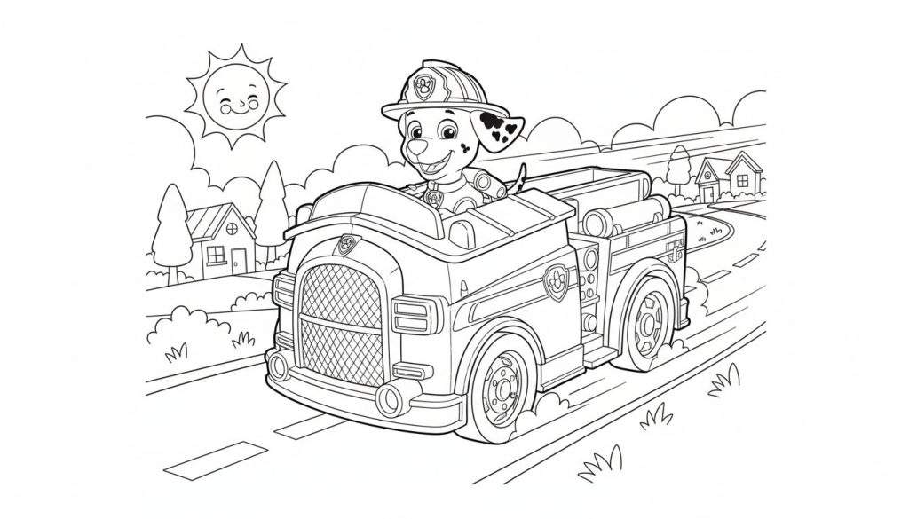 Kleurplaat van Marshall de brandweerhond van Paw Patrol, vrolijk lachend in zijn brandweerwagen die over een weg rijdt.