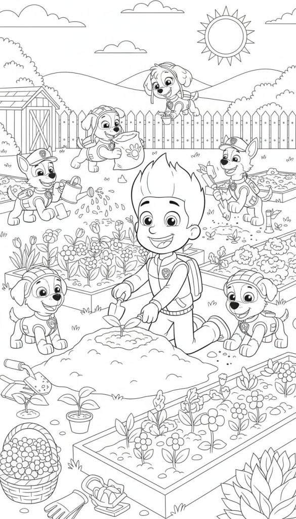 Ryder en de Paw Patrol pups tuinieren samen in een zonnige tuin. Ryder plant, Rocky geeft water, Rubble draagt zaden, Skye vliegt met een gieter, Chase werkt in een tuinbed, en Marshall kijkt toe.